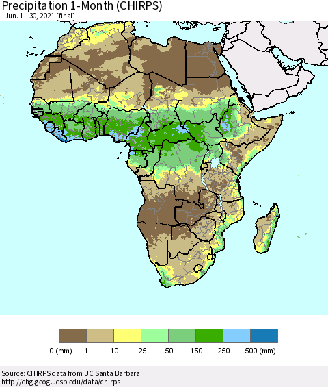 Africa Precipitation 1-Month (CHIRPS) Thematic Map For 6/1/2021 - 6/30/2021