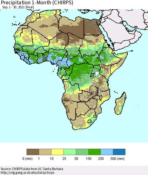 Africa Precipitation 1-Month (CHIRPS) Thematic Map For 9/1/2021 - 9/30/2021