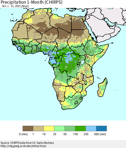 Africa Precipitation 1-Month (CHIRPS) Thematic Map For 10/1/2021 - 10/31/2021