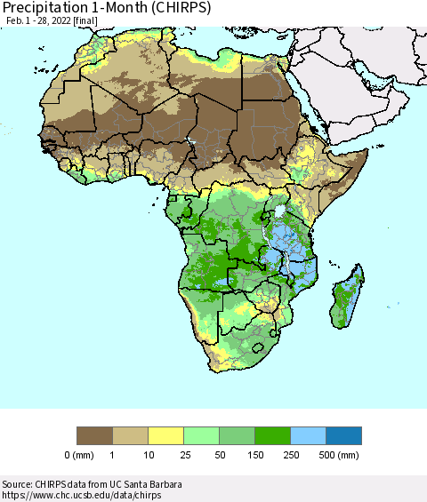 Africa Precipitation 1-Month (CHIRPS) Thematic Map For 2/1/2022 - 2/28/2022