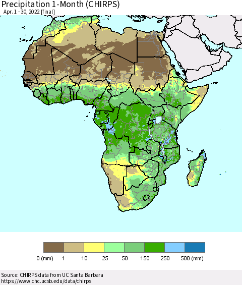 Africa Precipitation 1-Month (CHIRPS) Thematic Map For 4/1/2022 - 4/30/2022