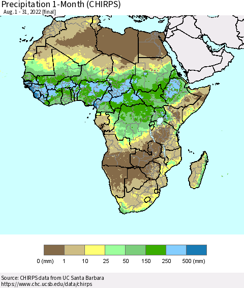 Africa Precipitation 1-Month (CHIRPS) Thematic Map For 8/1/2022 - 8/31/2022