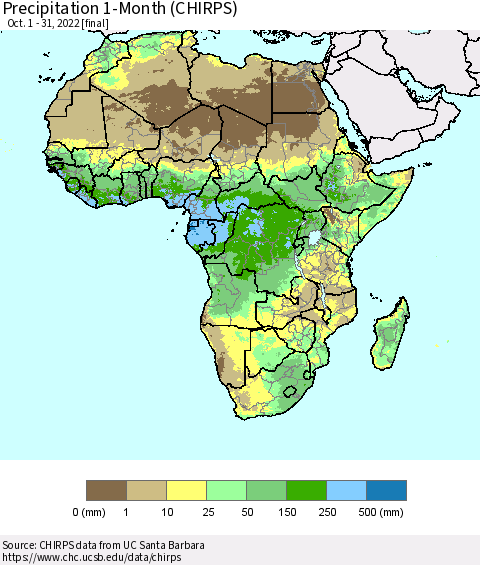 Africa Precipitation 1-Month (CHIRPS) Thematic Map For 10/1/2022 - 10/31/2022