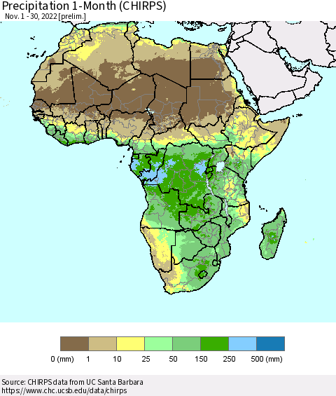 Africa Precipitation 1-Month (CHIRPS) Thematic Map For 11/1/2022 - 11/30/2022