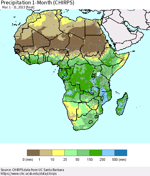 Africa Precipitation 1-Month (CHIRPS) Thematic Map For 3/1/2023 - 3/31/2023