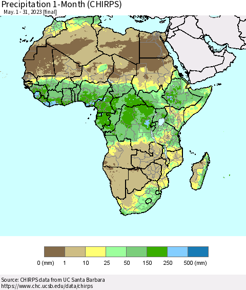 Africa Precipitation 1-Month (CHIRPS) Thematic Map For 5/1/2023 - 5/31/2023