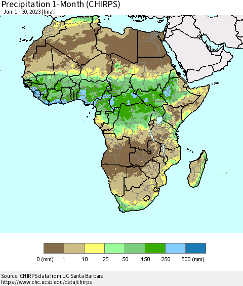 Africa Precipitation 1-Month (CHIRPS) Thematic Map For 6/1/2023 - 6/30/2023