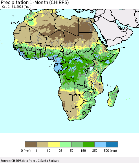 Africa Precipitation 1-Month (CHIRPS) Thematic Map For 10/1/2023 - 10/31/2023