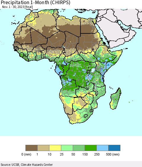 Africa Precipitation 1-Month (CHIRPS) Thematic Map For 11/1/2023 - 11/30/2023