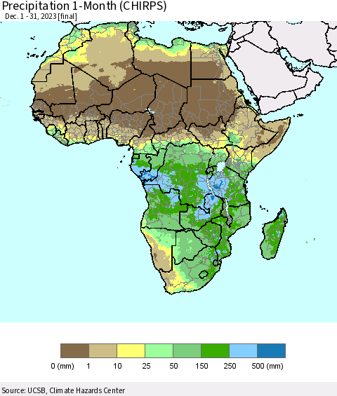 Africa Precipitation 1-Month (CHIRPS) Thematic Map For 12/1/2023 - 12/31/2023