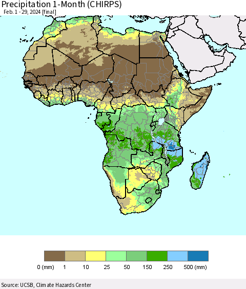 Africa Precipitation 1-Month (CHIRPS) Thematic Map For 2/1/2024 - 2/29/2024