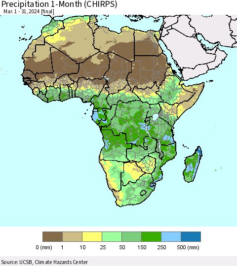 Africa Precipitation 1-Month (CHIRPS) Thematic Map For 3/1/2024 - 3/31/2024