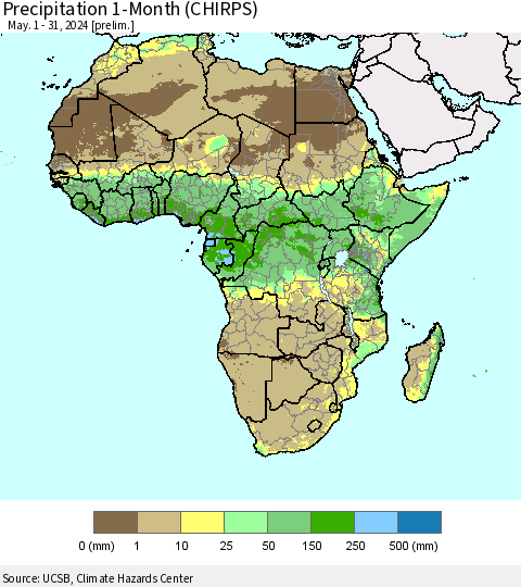 Africa Precipitation 1-Month (CHIRPS) Thematic Map For 5/1/2024 - 5/31/2024