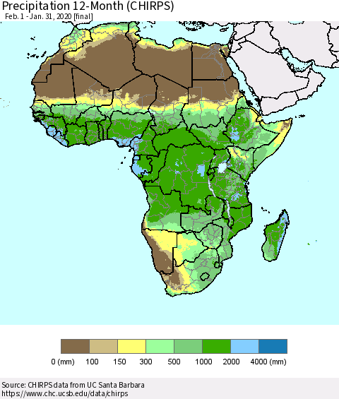 Africa Precipitation 12-Month (CHIRPS) Thematic Map For 2/1/2019 - 1/31/2020