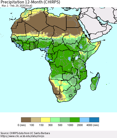 Africa Precipitation 12-Month (CHIRPS) Thematic Map For 3/1/2019 - 2/29/2020