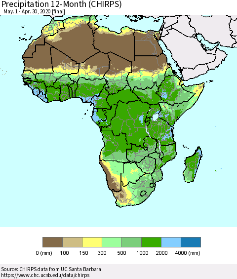 Africa Precipitation 12-Month (CHIRPS) Thematic Map For 5/1/2019 - 4/30/2020