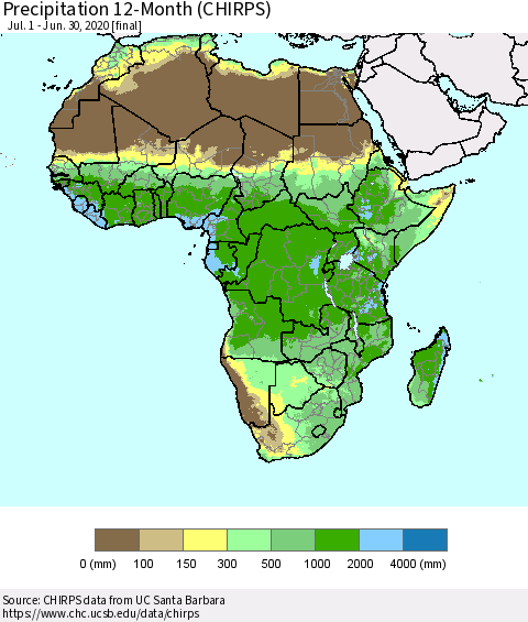 Africa Precipitation 12-Month (CHIRPS) Thematic Map For 7/1/2019 - 6/30/2020