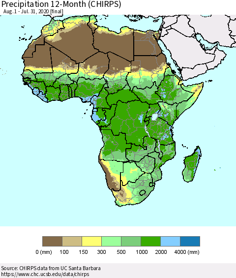 Africa Precipitation 12-Month (CHIRPS) Thematic Map For 8/1/2019 - 7/31/2020