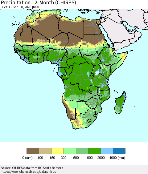 Africa Precipitation 12-Month (CHIRPS) Thematic Map For 10/1/2019 - 9/30/2020