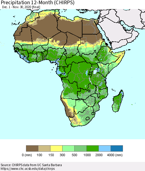 Africa Precipitation 12-Month (CHIRPS) Thematic Map For 12/1/2019 - 11/30/2020