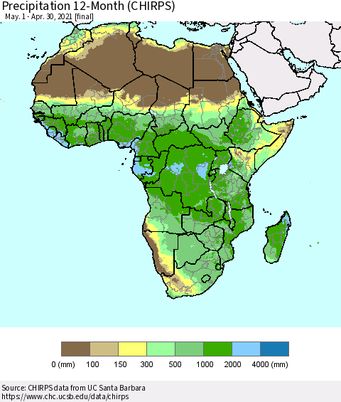 Africa Precipitation 12-Month (CHIRPS) Thematic Map For 5/1/2020 - 4/30/2021