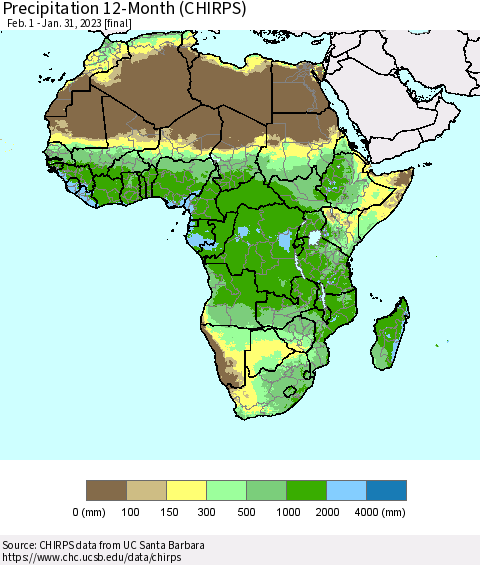 Africa Precipitation 12-Month (CHIRPS) Thematic Map For 2/1/2022 - 1/31/2023