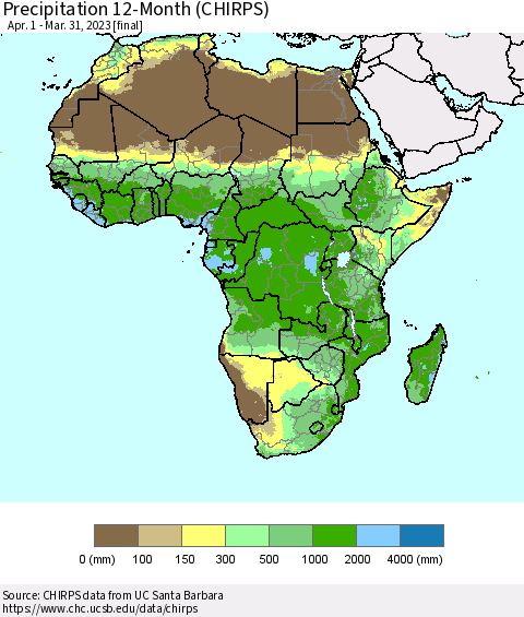 Africa Precipitation 12-Month (CHIRPS) Thematic Map For 4/1/2022 - 3/31/2023