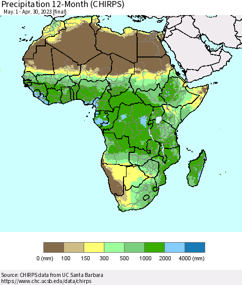 Africa Precipitation 12-Month (CHIRPS) Thematic Map For 5/1/2022 - 4/30/2023