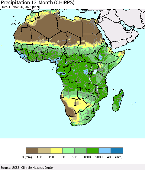 Africa Precipitation 12-Month (CHIRPS) Thematic Map For 12/1/2022 - 11/30/2023
