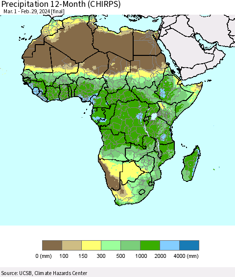 Africa Precipitation 12-Month (CHIRPS) Thematic Map For 3/1/2023 - 2/29/2024