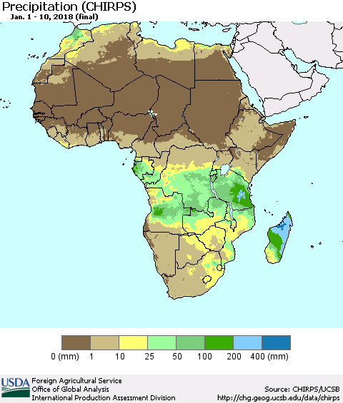 Africa Precipitation (CHIRPS) Thematic Map For 1/1/2018 - 1/10/2018