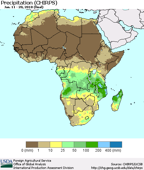 Africa Precipitation (CHIRPS) Thematic Map For 1/11/2018 - 1/20/2018