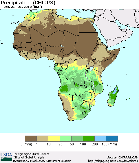 Africa Precipitation (CHIRPS) Thematic Map For 1/21/2018 - 1/31/2018