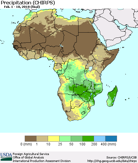 Africa Precipitation (CHIRPS) Thematic Map For 2/1/2018 - 2/10/2018