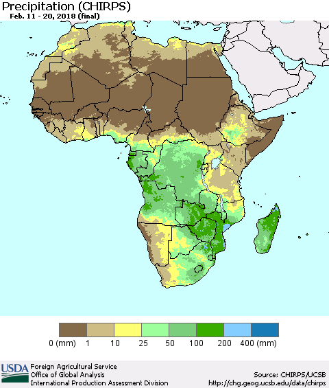 Africa Precipitation (CHIRPS) Thematic Map For 2/11/2018 - 2/20/2018