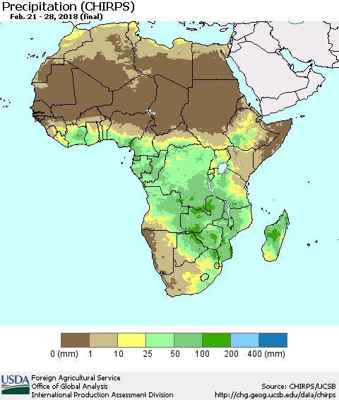 Africa Precipitation (CHIRPS) Thematic Map For 2/21/2018 - 2/28/2018