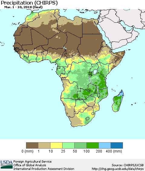 Africa Precipitation (CHIRPS) Thematic Map For 3/1/2018 - 3/10/2018