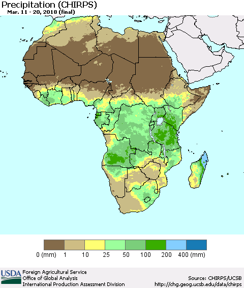 Africa Precipitation (CHIRPS) Thematic Map For 3/11/2018 - 3/20/2018