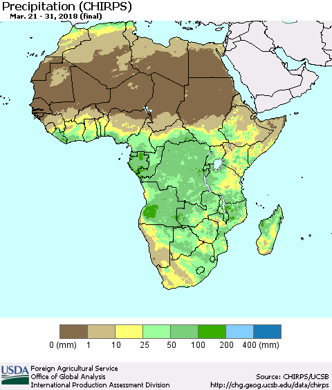 Africa Precipitation (CHIRPS) Thematic Map For 3/21/2018 - 3/31/2018