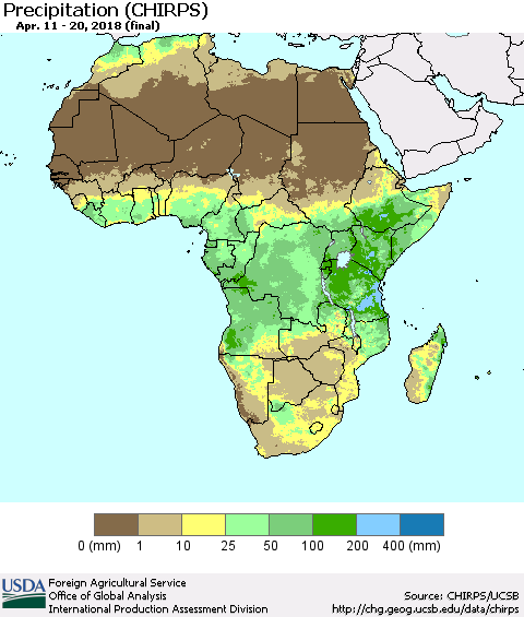 Africa Precipitation (CHIRPS) Thematic Map For 4/11/2018 - 4/20/2018