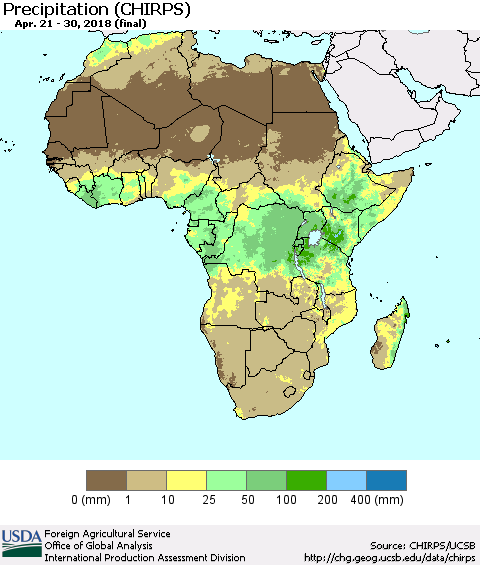 Africa Precipitation (CHIRPS) Thematic Map For 4/21/2018 - 4/30/2018