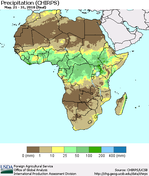 Africa Precipitation (CHIRPS) Thematic Map For 5/21/2018 - 5/31/2018