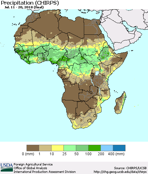 Africa Precipitation (CHIRPS) Thematic Map For 7/11/2018 - 7/20/2018
