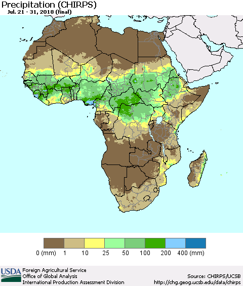 Africa Precipitation (CHIRPS) Thematic Map For 7/21/2018 - 7/31/2018