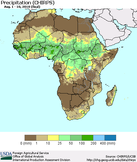 Africa Precipitation (CHIRPS) Thematic Map For 8/1/2018 - 8/10/2018