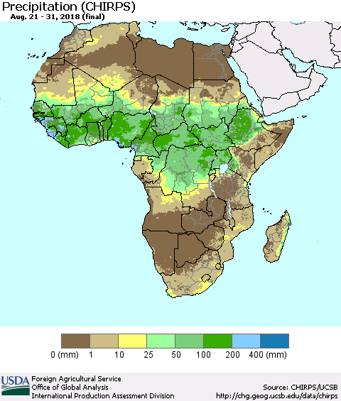 Africa Precipitation (CHIRPS) Thematic Map For 8/21/2018 - 8/31/2018