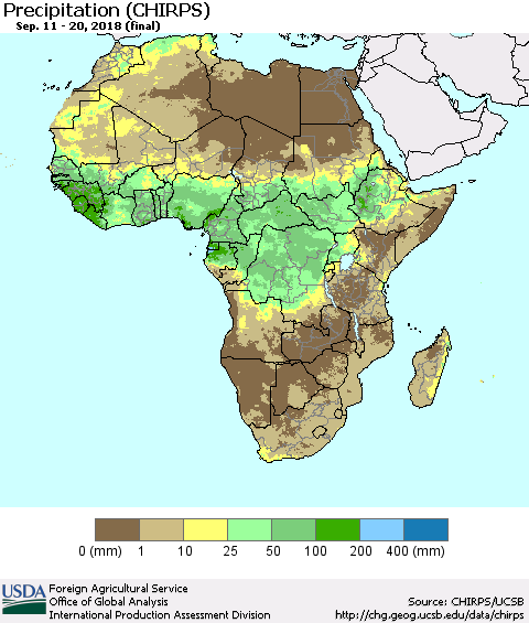 Africa Precipitation (CHIRPS) Thematic Map For 9/11/2018 - 9/20/2018