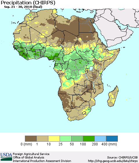 Africa Precipitation (CHIRPS) Thematic Map For 9/21/2018 - 9/30/2018