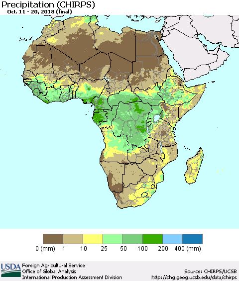 Africa Precipitation (CHIRPS) Thematic Map For 10/11/2018 - 10/20/2018