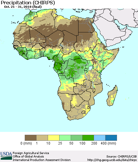 Africa Precipitation (CHIRPS) Thematic Map For 10/21/2018 - 10/31/2018